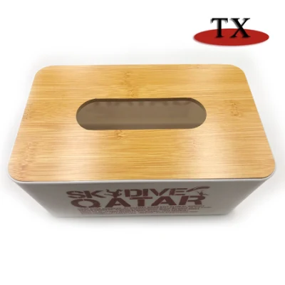 創造的にプリントされた木製とプラスチック製の白いテーブルクロスボックス